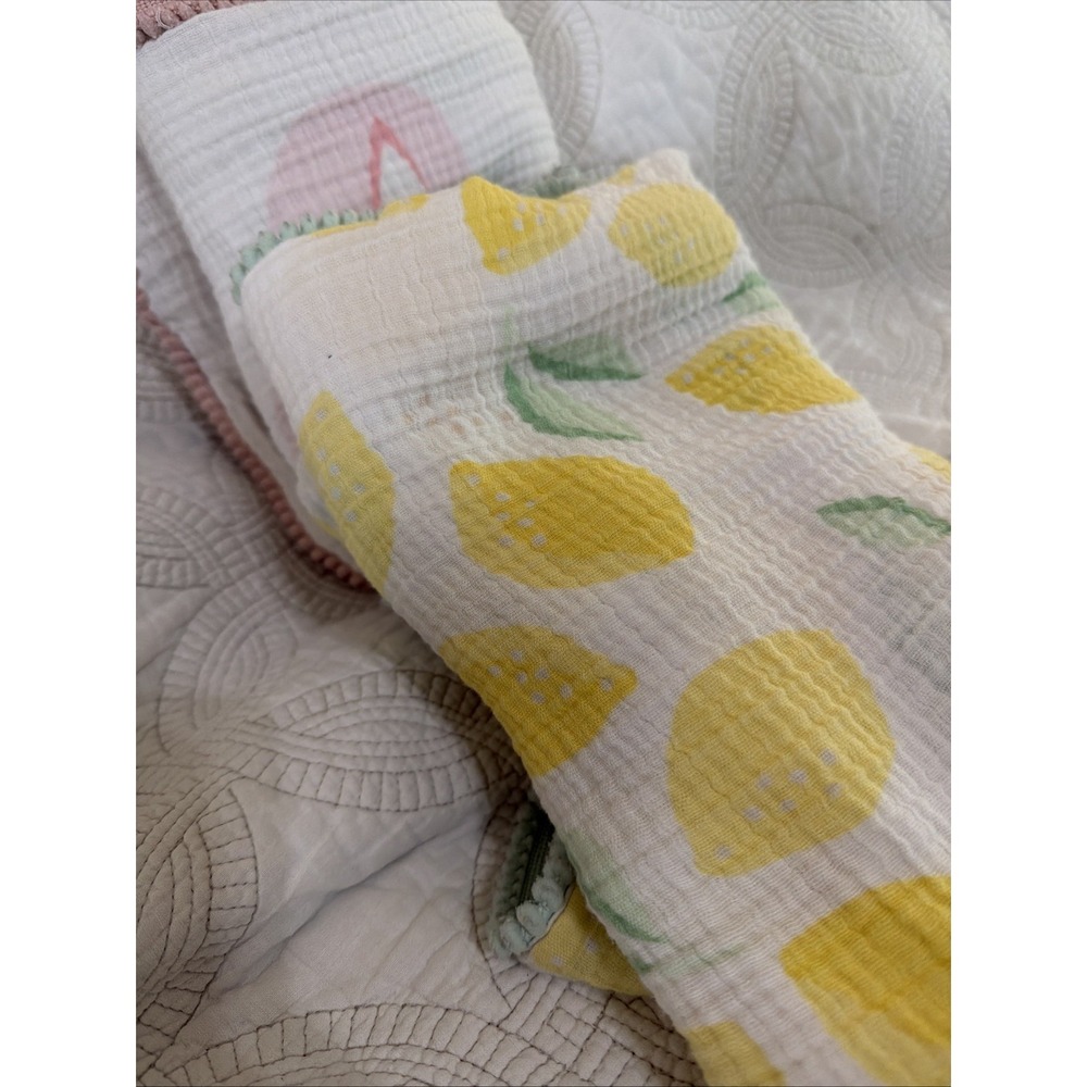 2 Cloud  Island Baby Swaddle Muslin Blankets  Lemon, Loved Pink, Pom Pom Trim